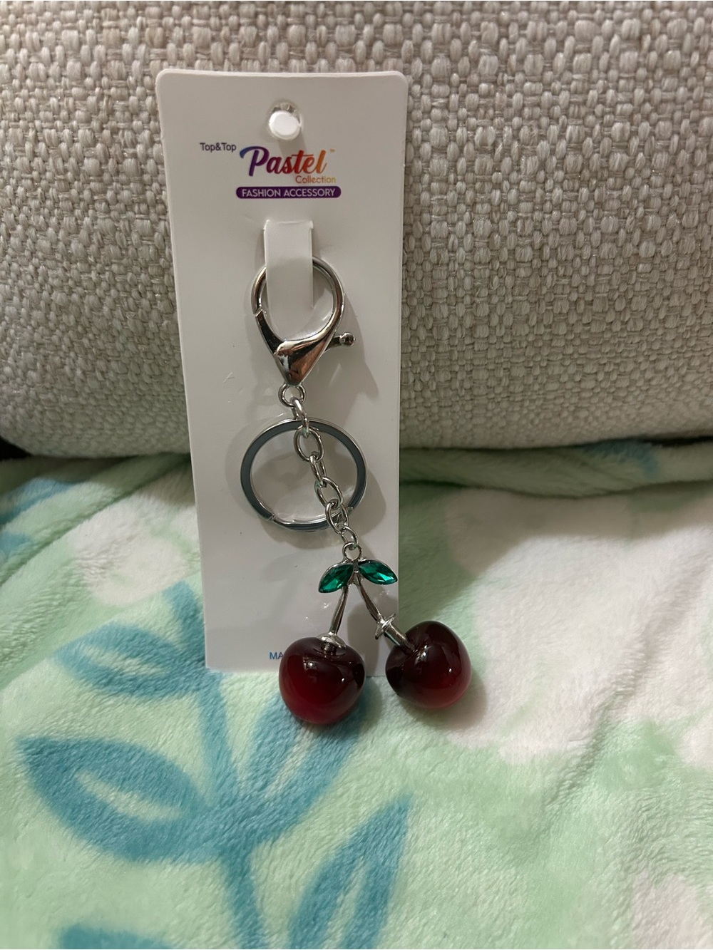 Pastel Collection Cherry Keychain - Red with Green Leaves